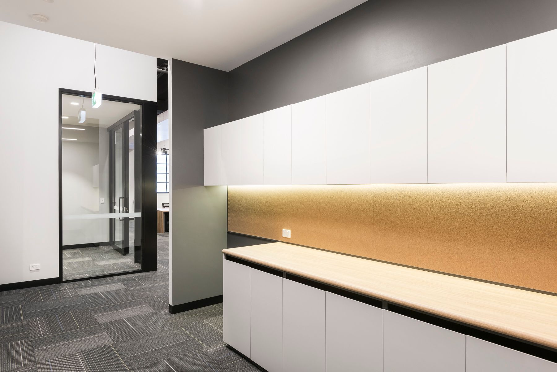 Office Hallway With White Cabinets — ATH Projects in Kirrawee, NSW