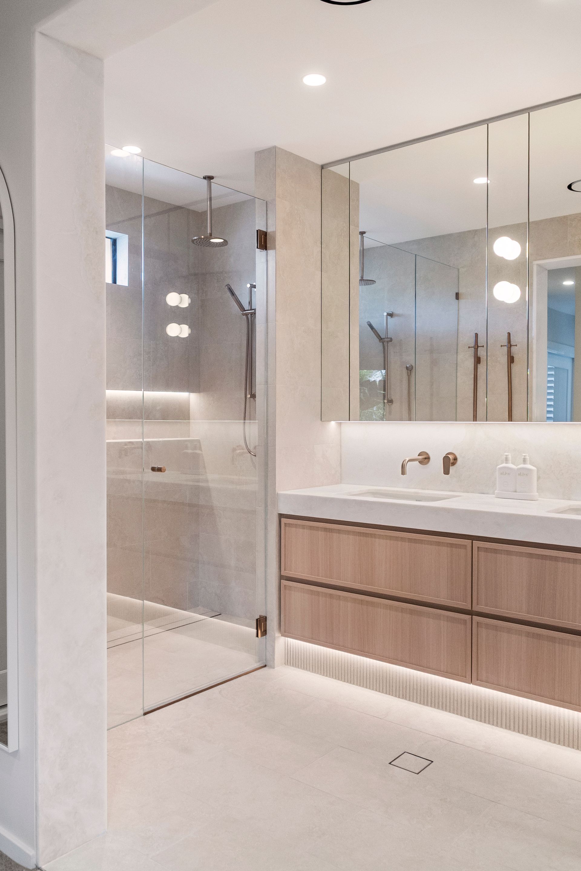 Modern Bathroom With Wood Vanity — ATH Projects in Yowie Bay, NSW