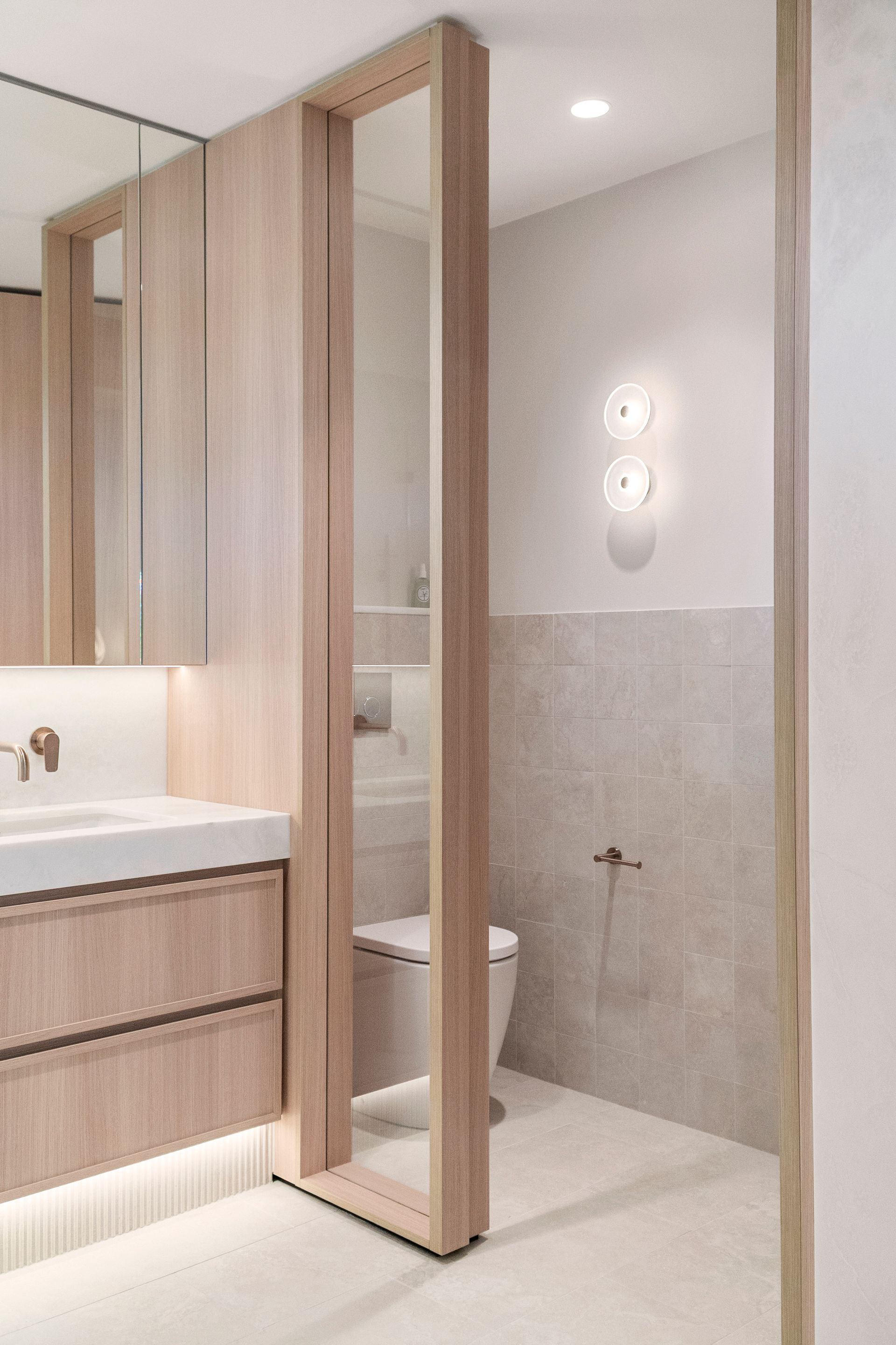 Bathroom With Light Wood Cabinets — ATH Projects in Yowie Bay, NSW