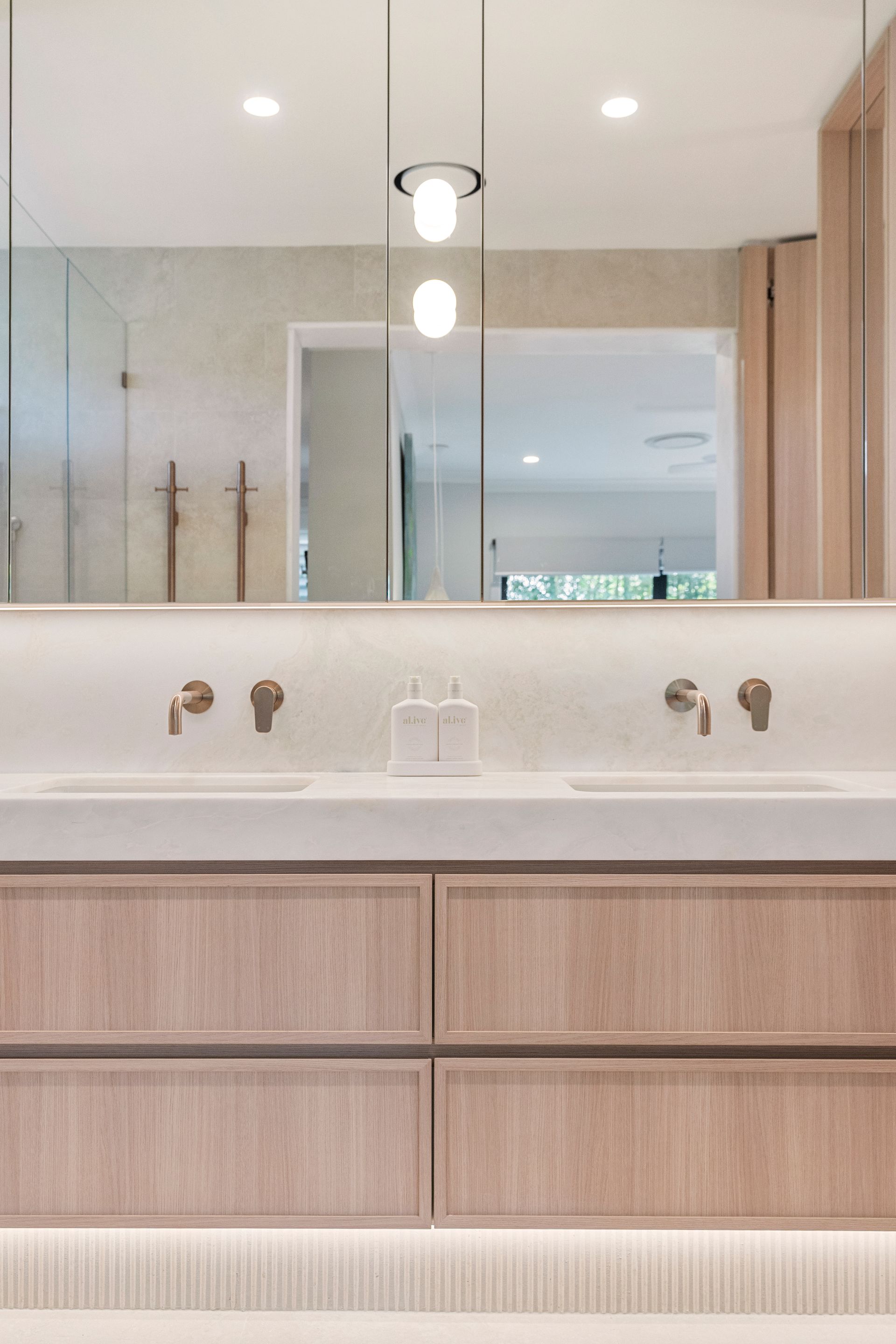 Bathroom Vanity With Light Wood Cabinets, Two Sinks, and a Large Mirror — ATH Projects in Yowie Bay, NSW