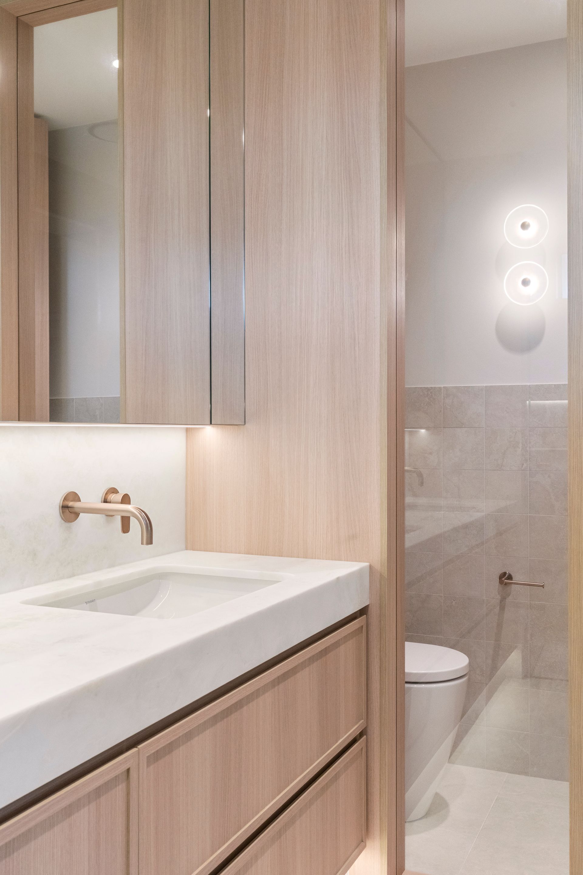 Bathroom With Light Wood Cabinetry — ATH Projects in Yowie Bay, NSW