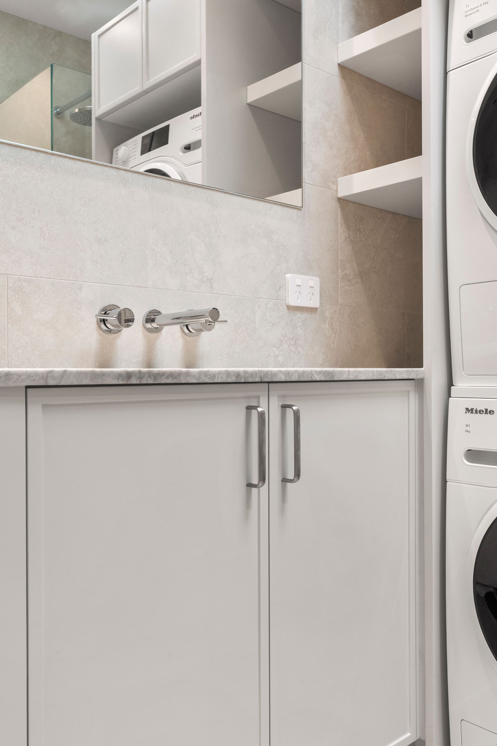 Laundry Room With a Washing Machine, Cabinets, Shelves, and a Faucet — ATH Projects in Mosman, NSW