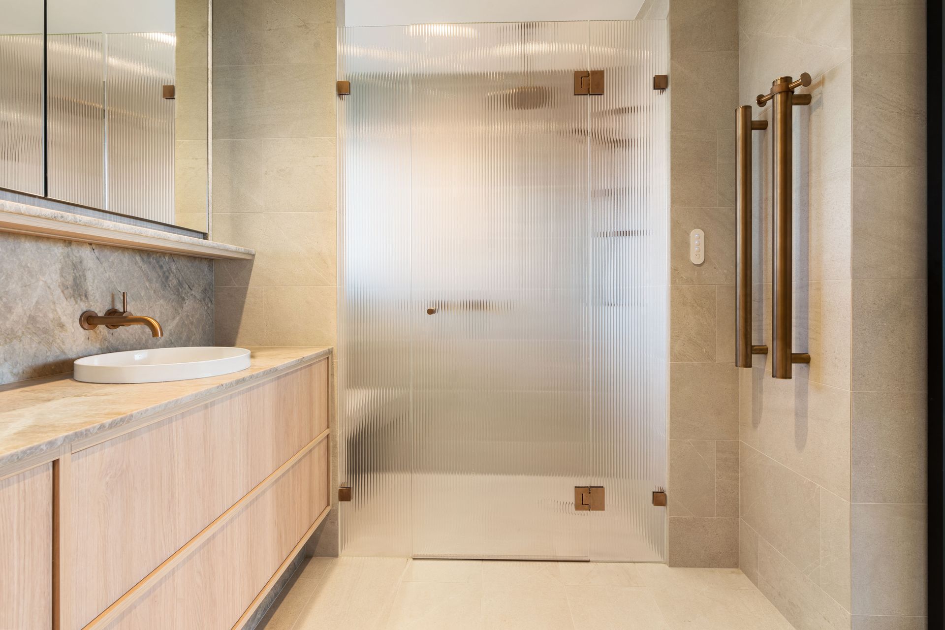 Bathroom With Ribbed Glass Shower Door — ATH Projects in Drummoyne, NSW