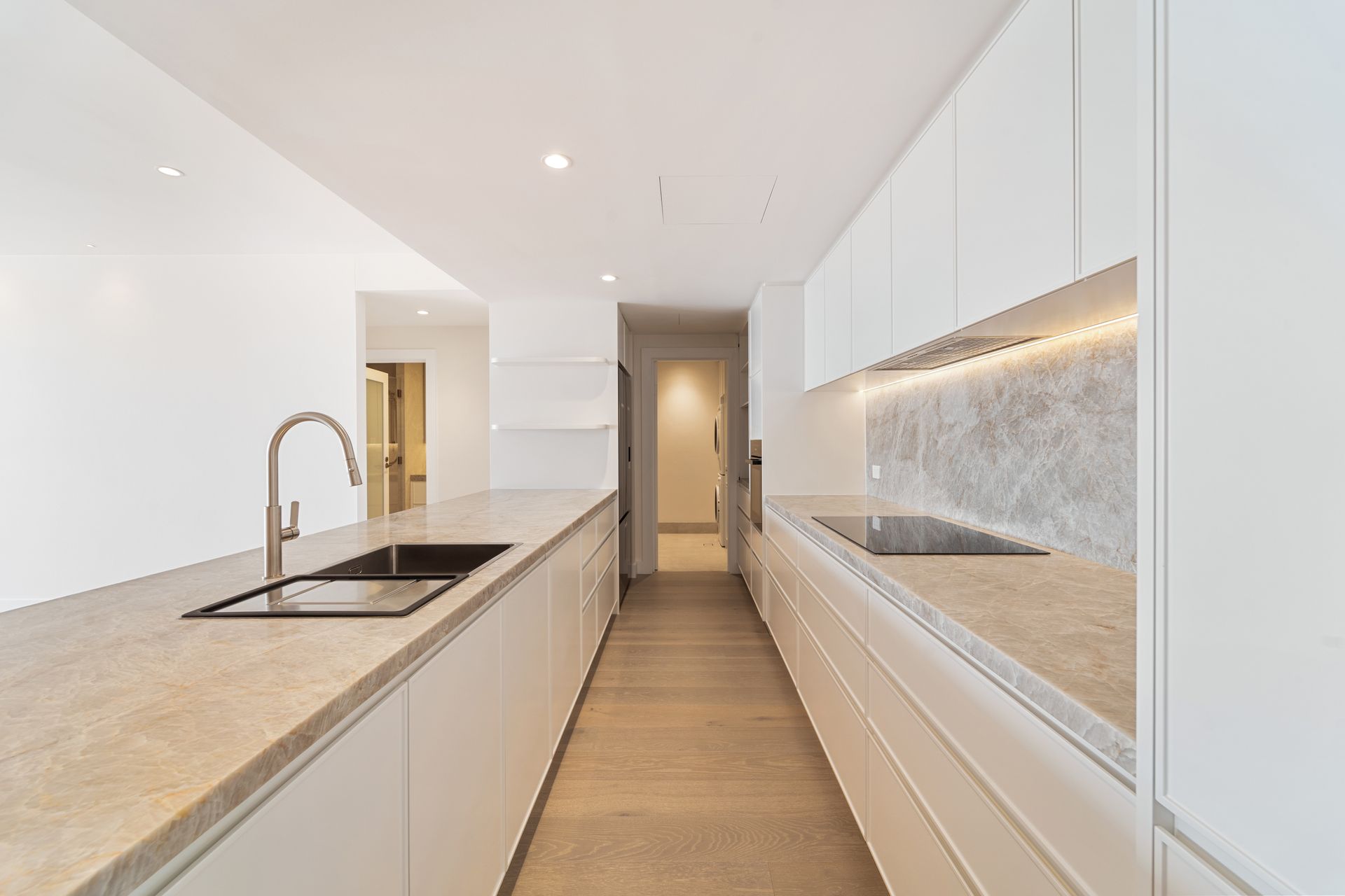Modern, Long, White Kitchen With Island — ATH Projects in Rozelle, NSW