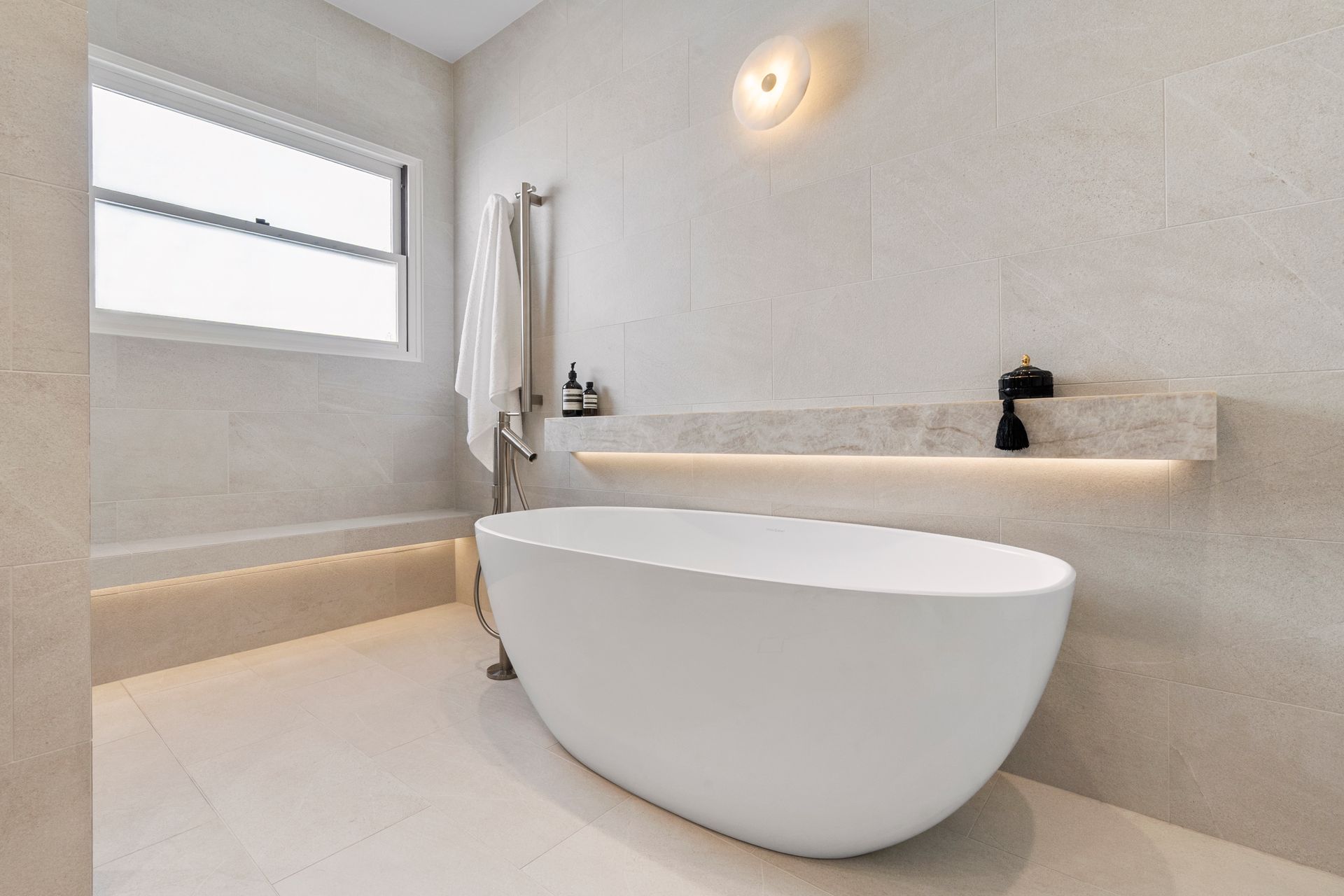 Modern White Bathroom With Freestanding Tub — ATH Projects in Concord, NSW