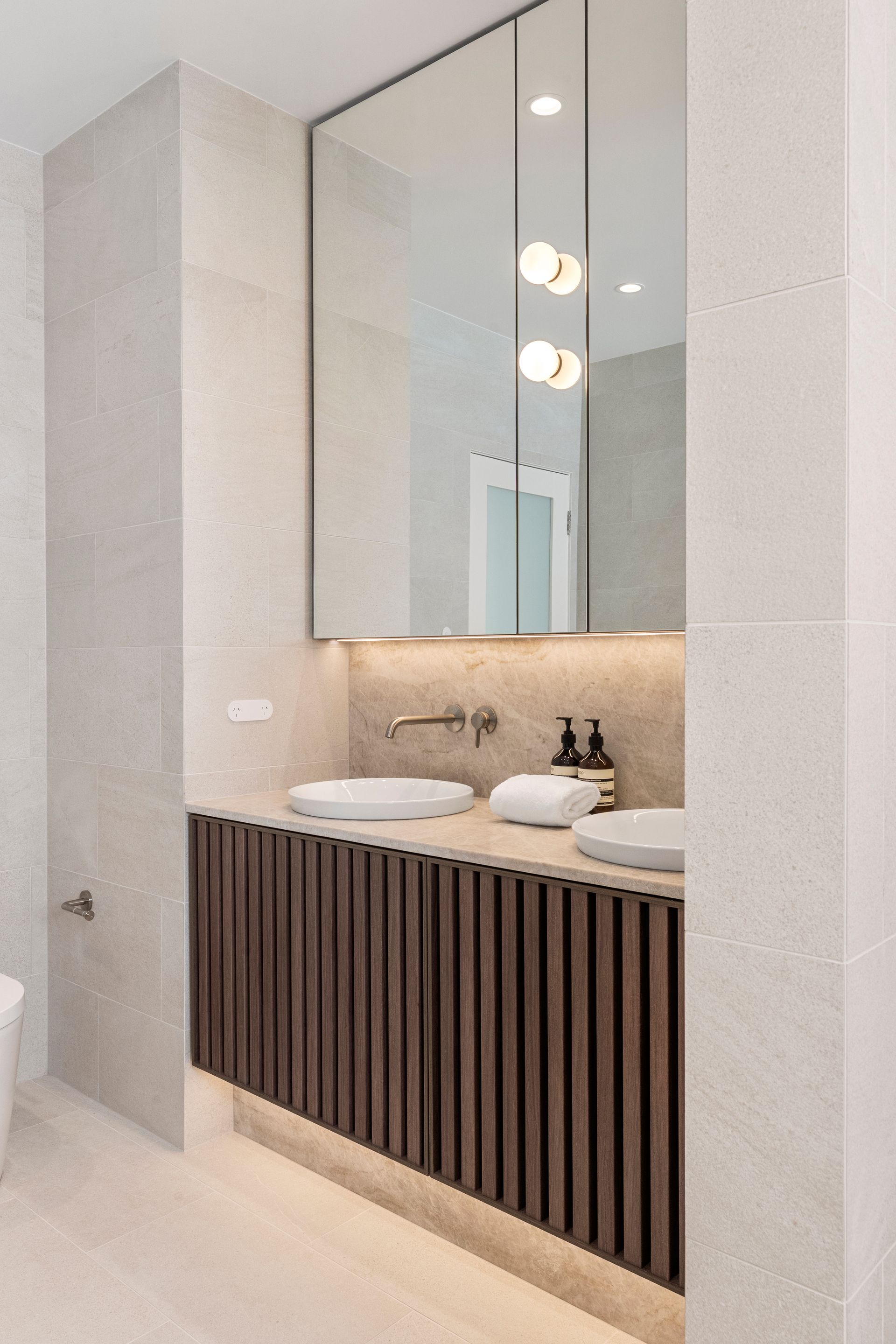Modern Bathroom With a Brown Wooden Vanity — ATH Projects in Concord, NSW