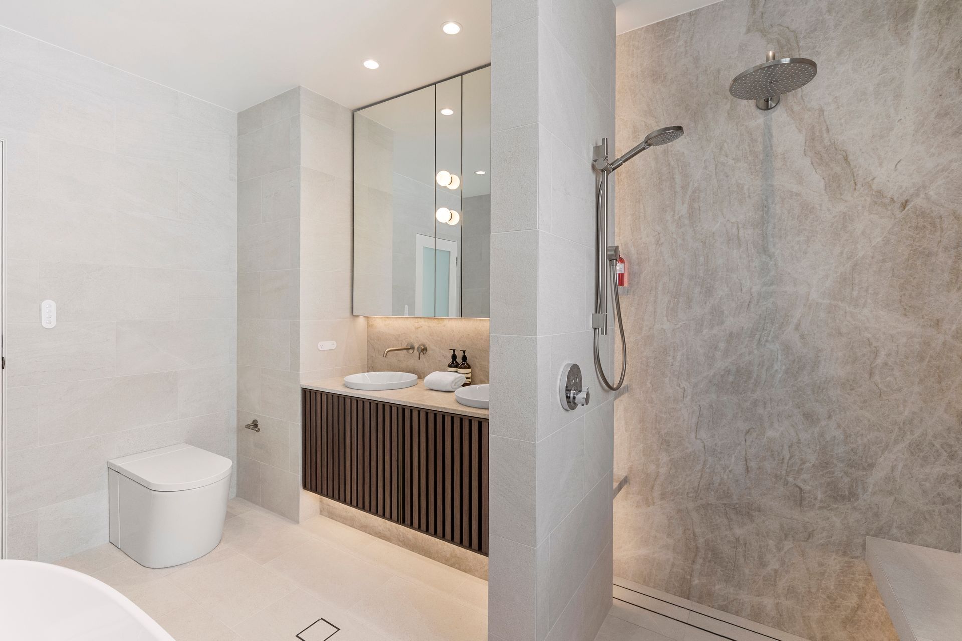 Long, Concrete-style Countertop With Three Faucets Over a Trough — ATH Projects in Kirrawee, NSW