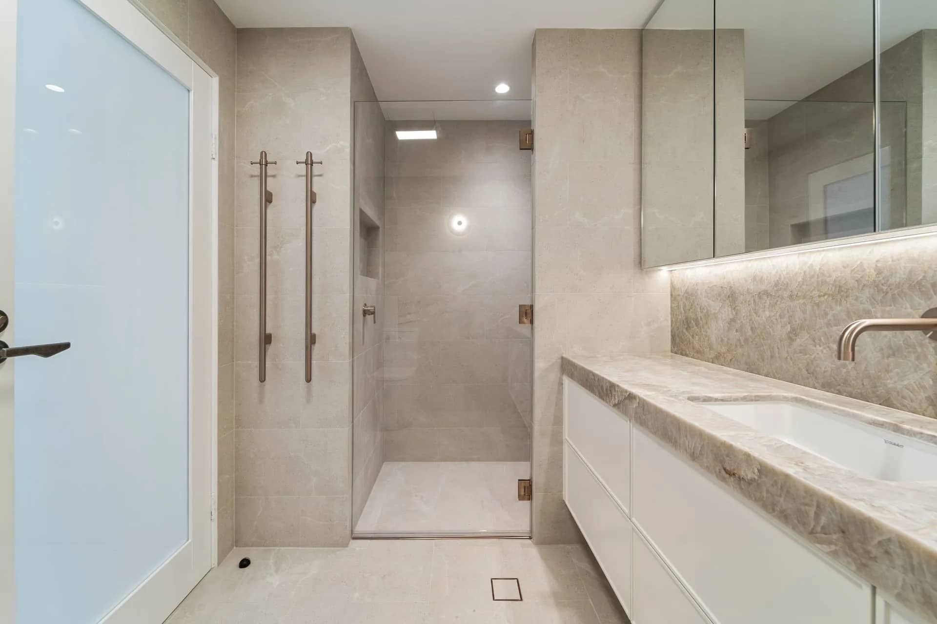 Modern Bathroom With Walk-in Shower — ATH Projects in Kirrawee, NSW