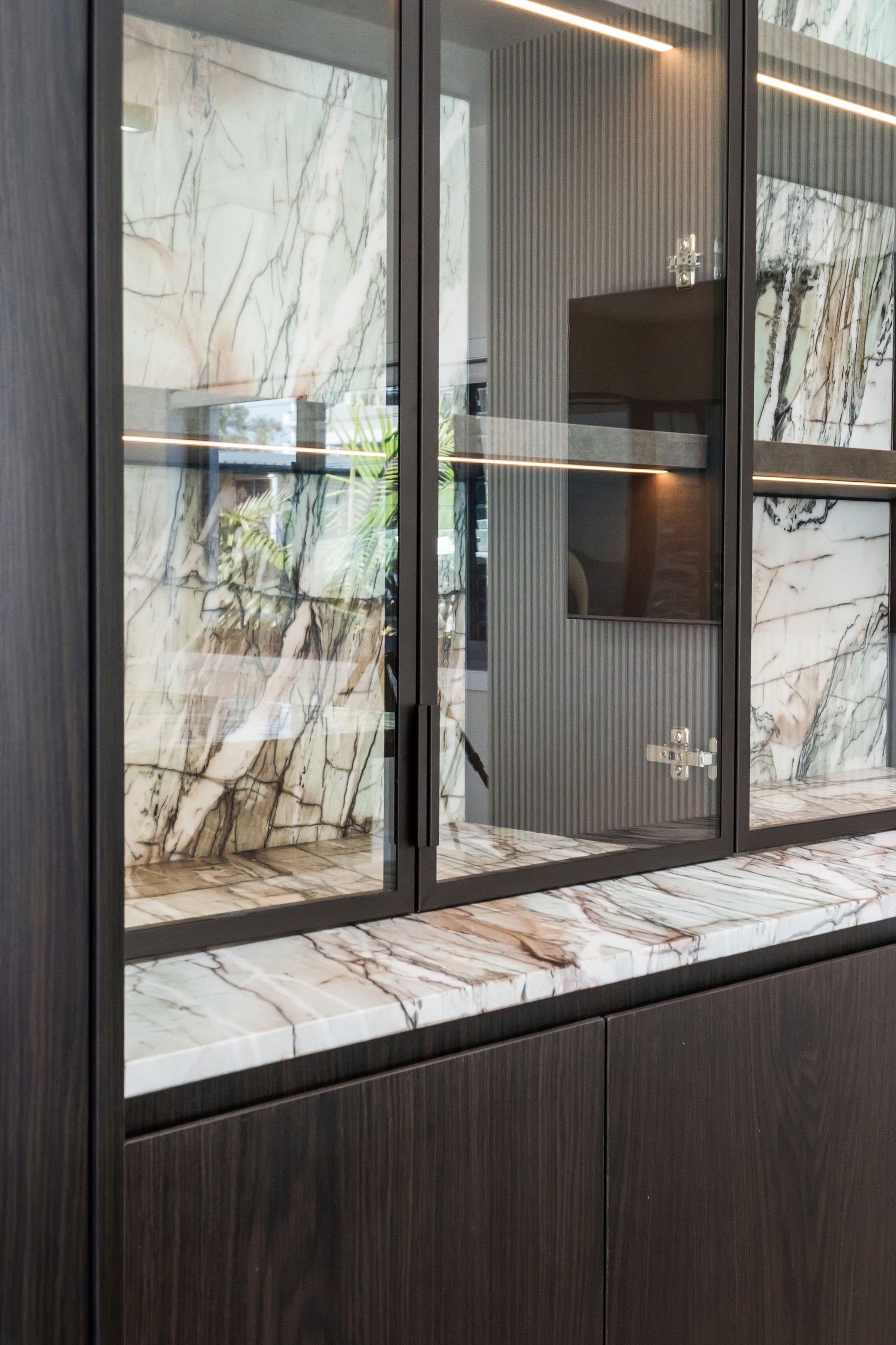 Dark Wood Kitchen Cabinet With Glass Doors — ATH Projects in Cronulla, NSW