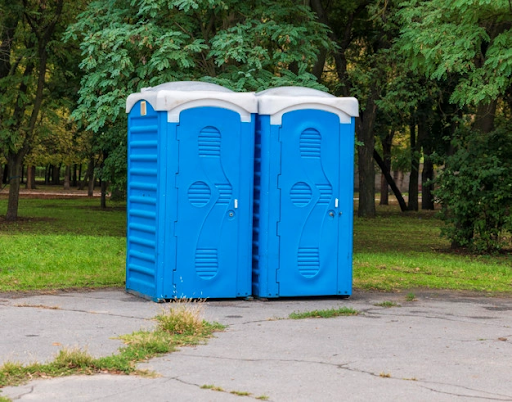 Two blue portable toilets in a park with trees in the background