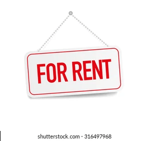 A for rent sign is hanging from a chain on a white background.