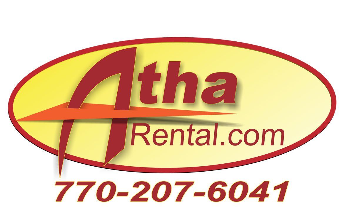 A yellow and red logo for atha rental.com