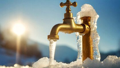 A faucet is covered in snow and ice and water is coming out of it.