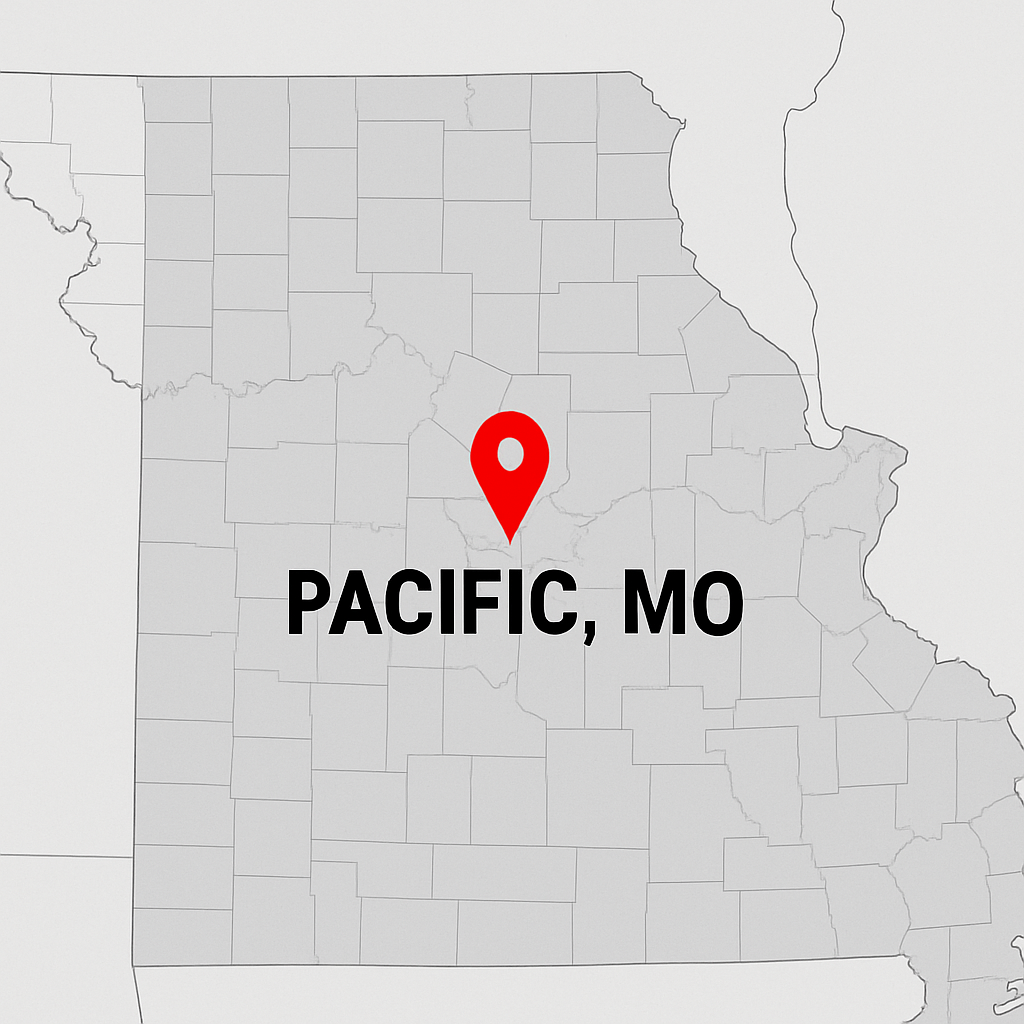 Map of Missouri with a red marker indicating Pacific, MO.