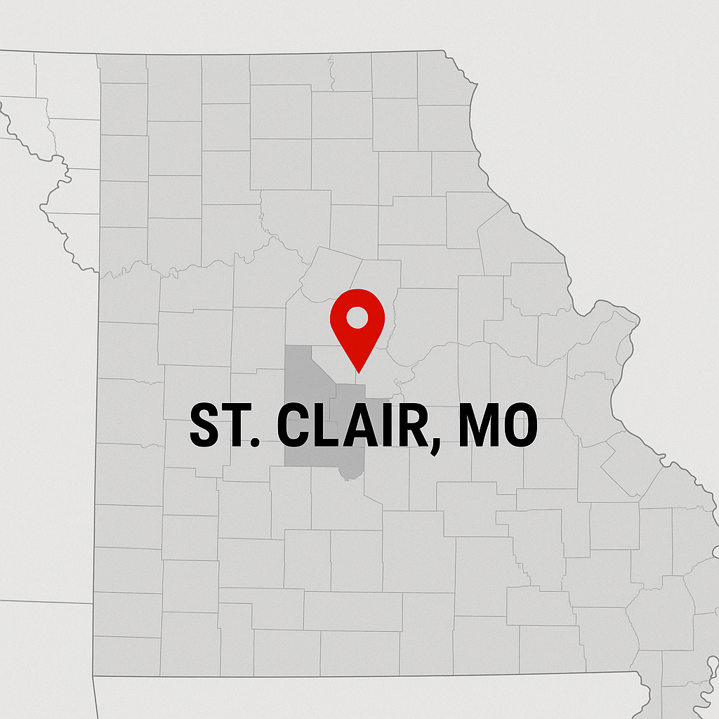 Map of Missouri with St. Clair, MO, highlighted by a red pin.