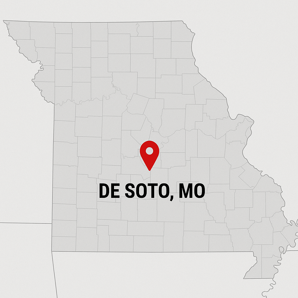 Map of Missouri with a marker indicating De Soto, MO.
