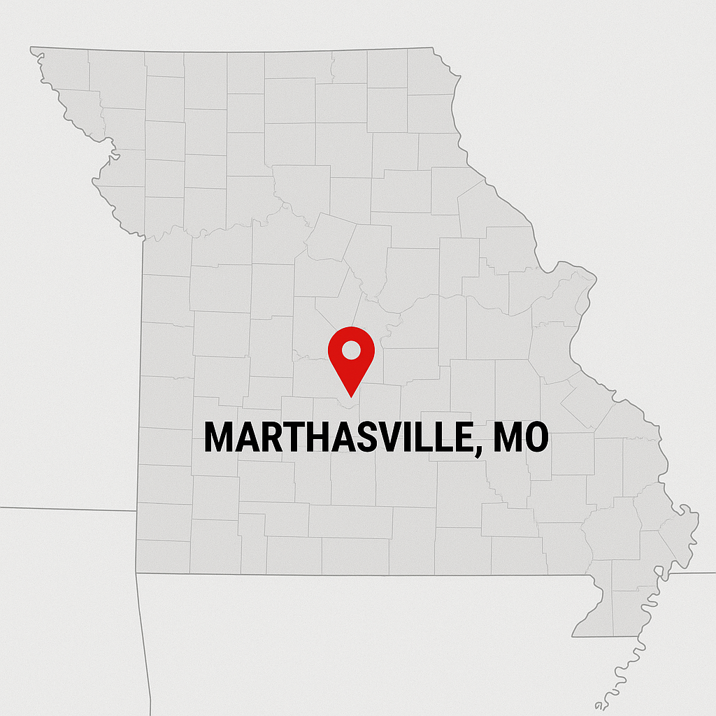 Map of Missouri with a red pin marking Marthasville.