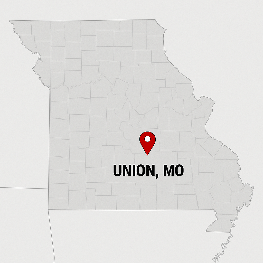 Map of Missouri with a marker indicating the location of Union, MO.