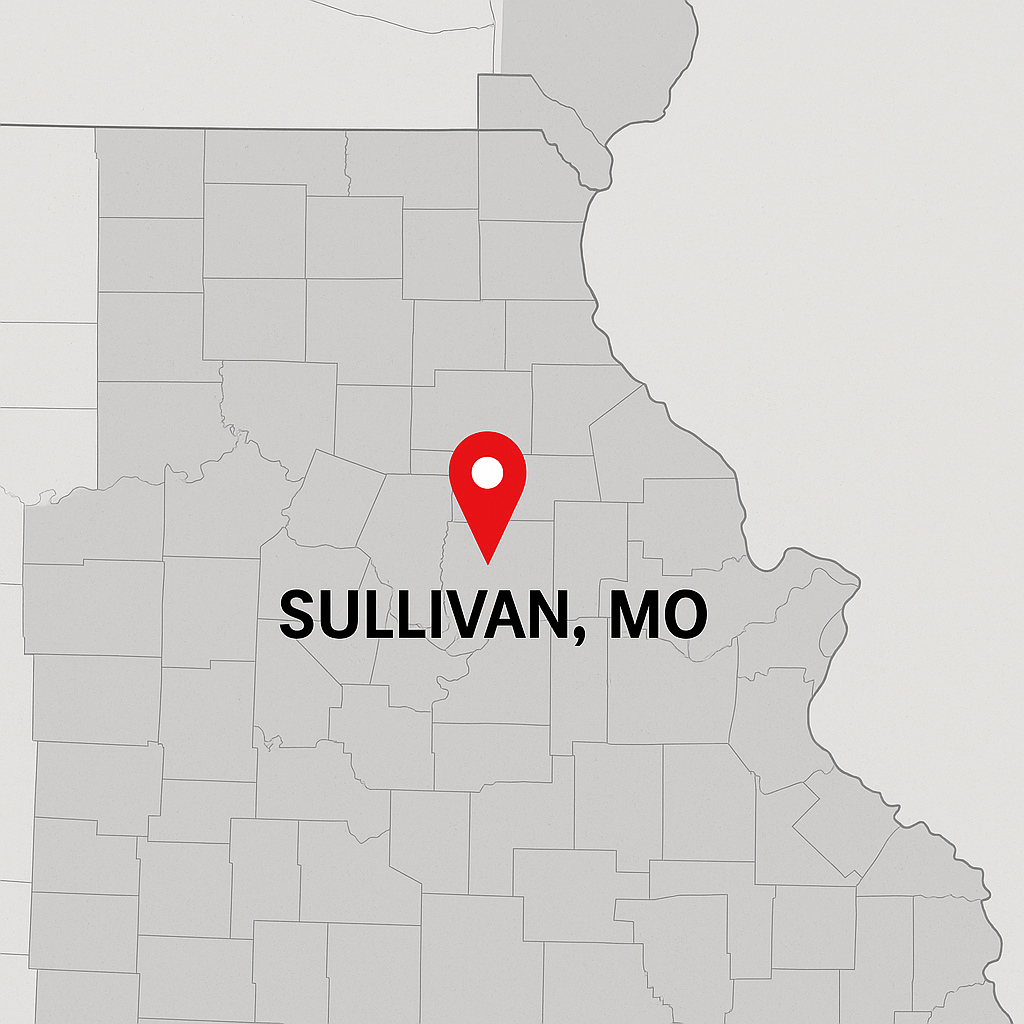 Map with a red marker indicating the location of Sullivan, Missouri.