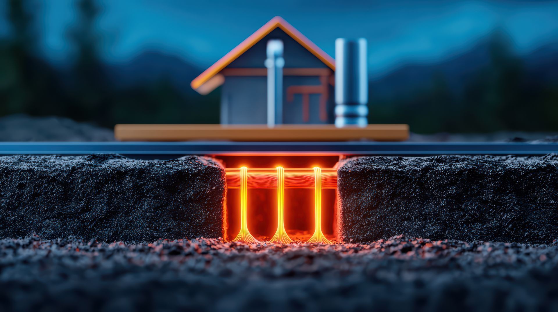 Eine Skizze zeigt ein Haus, das in einer dunklen Außenumgebung an ein leuchtendes Geothermie-Heizsystem angeschlossen ist.