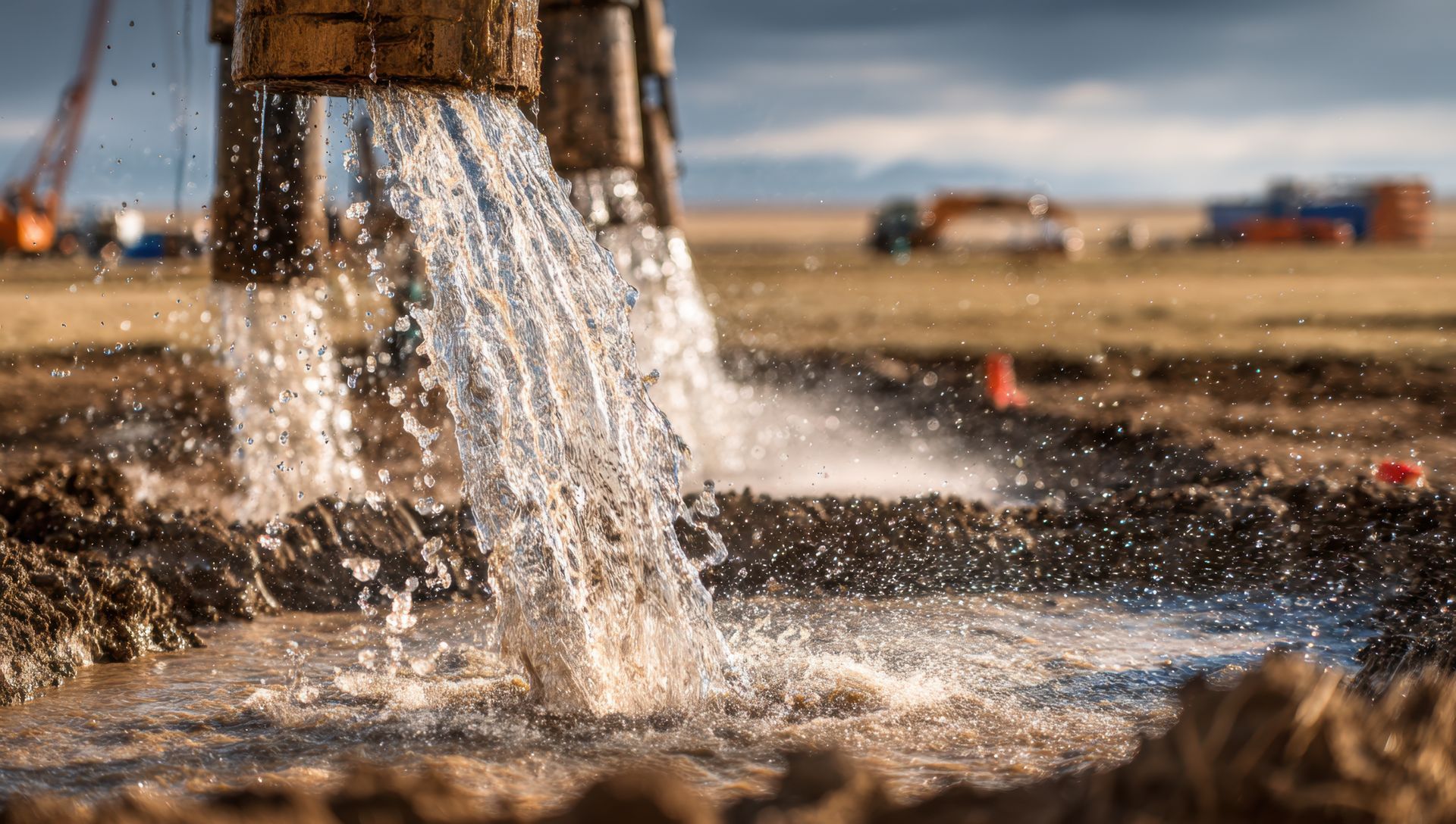 Unter bewölktem Himmel ergießt sich Wasser aus mehreren großen Industrierohren in ein schlammiges, feldumgrabenes Becken.