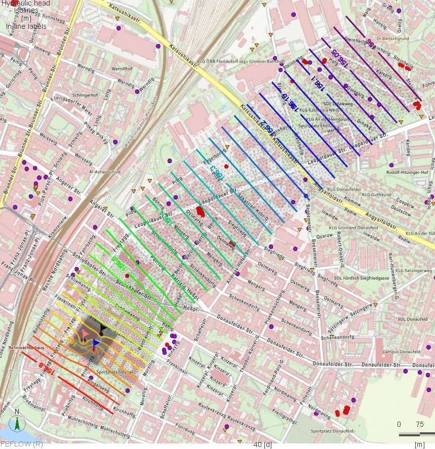 Eine Karte eines Stadtviertels mit farbigen, diagonalen parallelen Linien und verstreuten violetten und roten Punkten