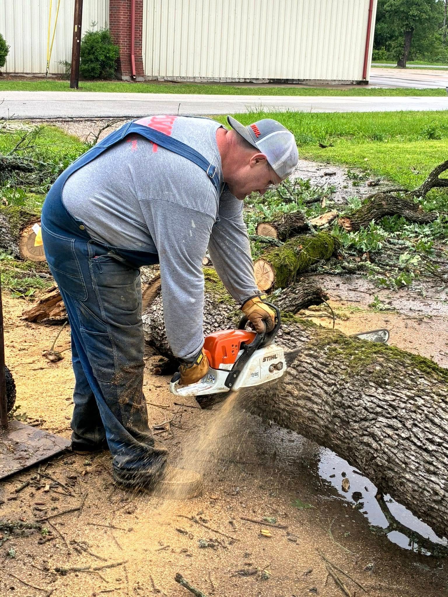 Worker using a chainsaw to cut a fallen tree trunk in a muddy yard