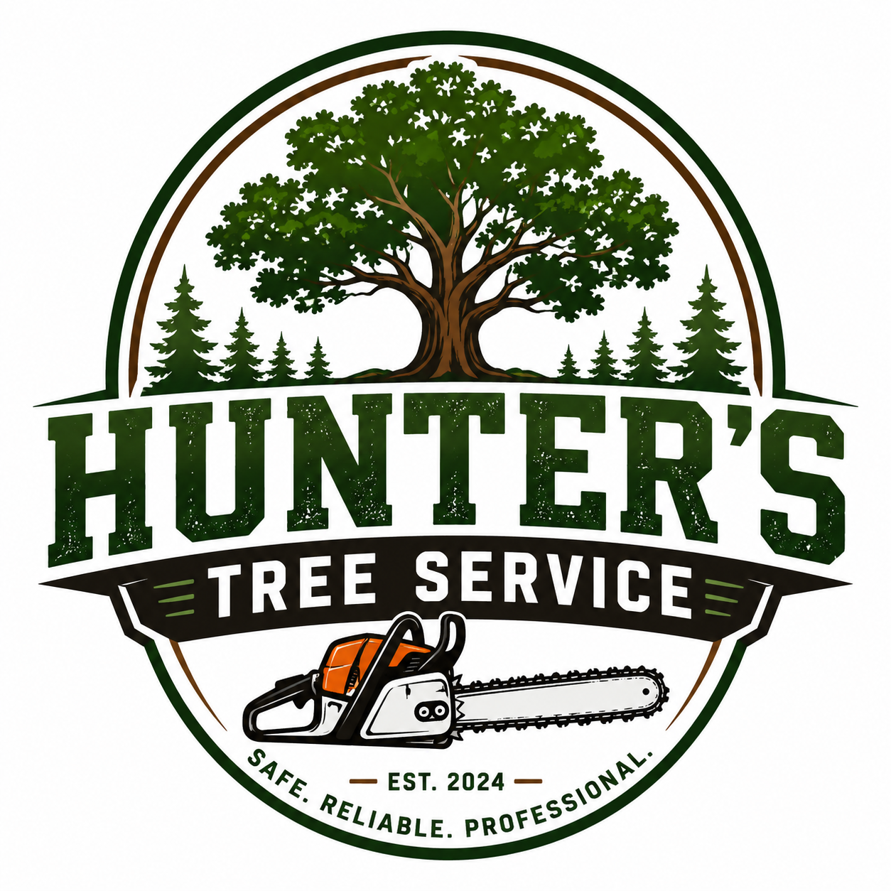 Logo for Hunter's Tree Service, a clean minimalist tree service logo with an oak tree icon in green and brown.