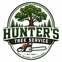 Logo for Hunter's Tree Service, a clean minimalist tree service logo with an oak tree icon in green and brown.