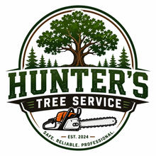 Logo for Hunter's Tree Service, a clean minimalist tree service logo with an oak tree icon in green and brown.