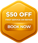Orange hexagon promo badge with “$50 OFF,” “First service or repair,” and “Book now” button