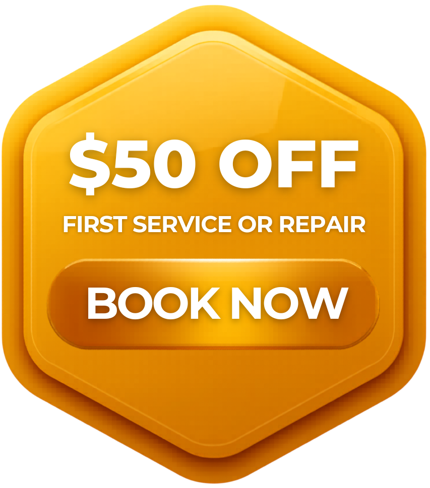 Orange hexagon promo badge with “$50 OFF,” “First service or repair,” and “Book now” button