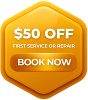 Orange hexagon promo badge with “$50 OFF,” “First service or repair,” and “Book now” button
