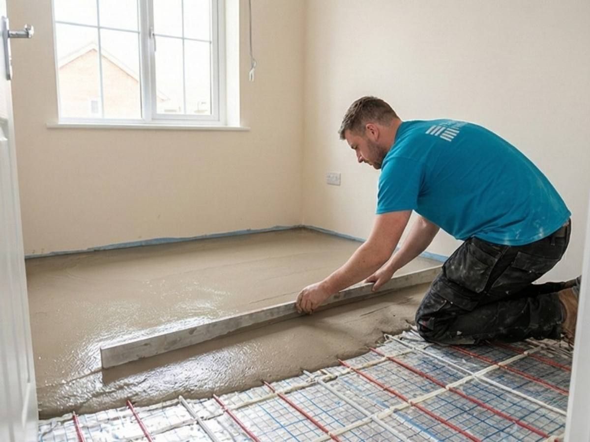 Flooring Nottingham levelling screed over electric underfloor heating wires in a bedroom