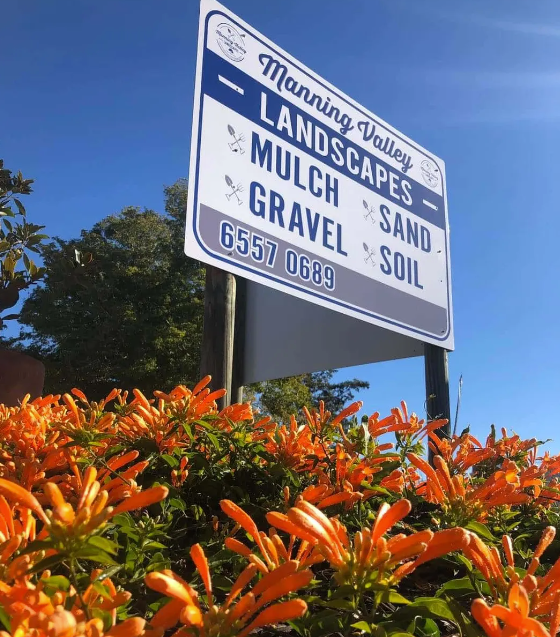 A sign for manning valley landscapes mulch gravel sand and soil — Manning Valley Landscapes in Wingham, NSW
