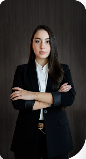 Mulher de blazer preto com braços cruzados, camisa branca, cabelo castanho, fundo escuro.