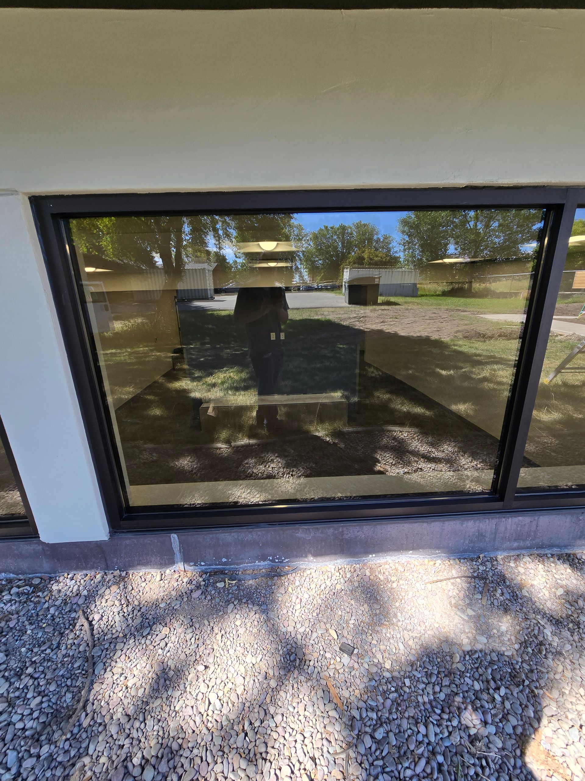 A view of a building's exterior window, reflecting a nearby parking lot, trees, and the photographer.