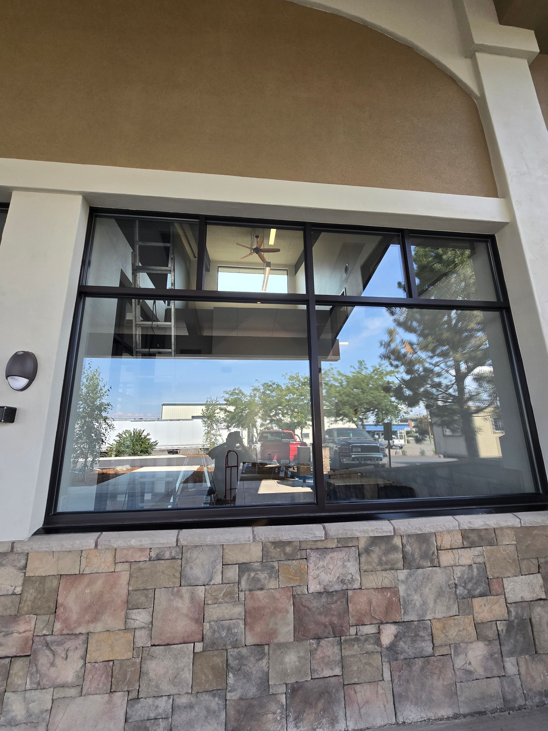A ground-level view of a large storefront window with a black metal frame, reflecting trees, cars, and a building exterior.
