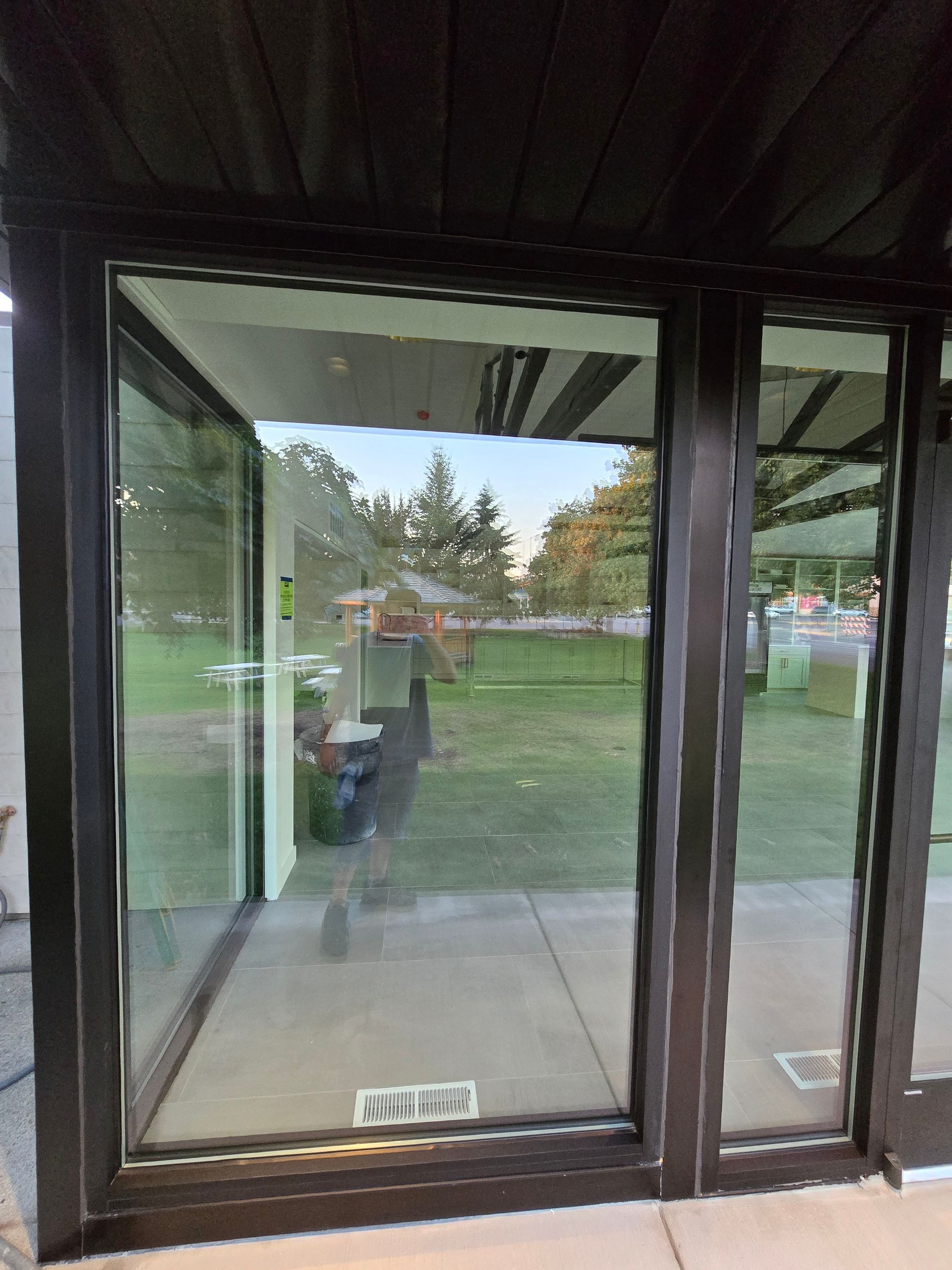 A glass door with a dark frame reflecting a lawn, trees, and the person taking the photo.