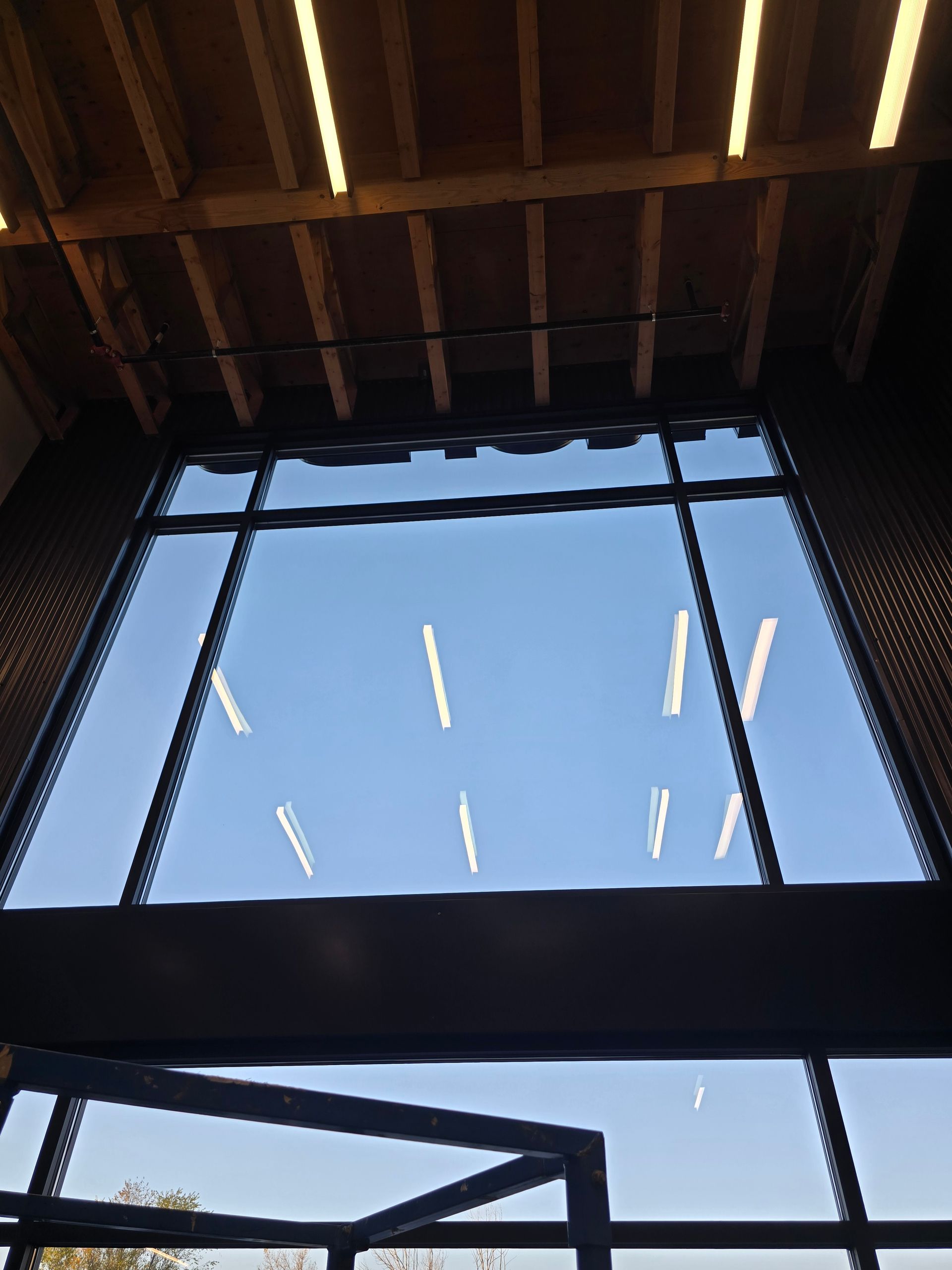 A high, grid-patterned glass window reveals a clear blue sky, with reflections of interior ceiling lights visible on glass.
