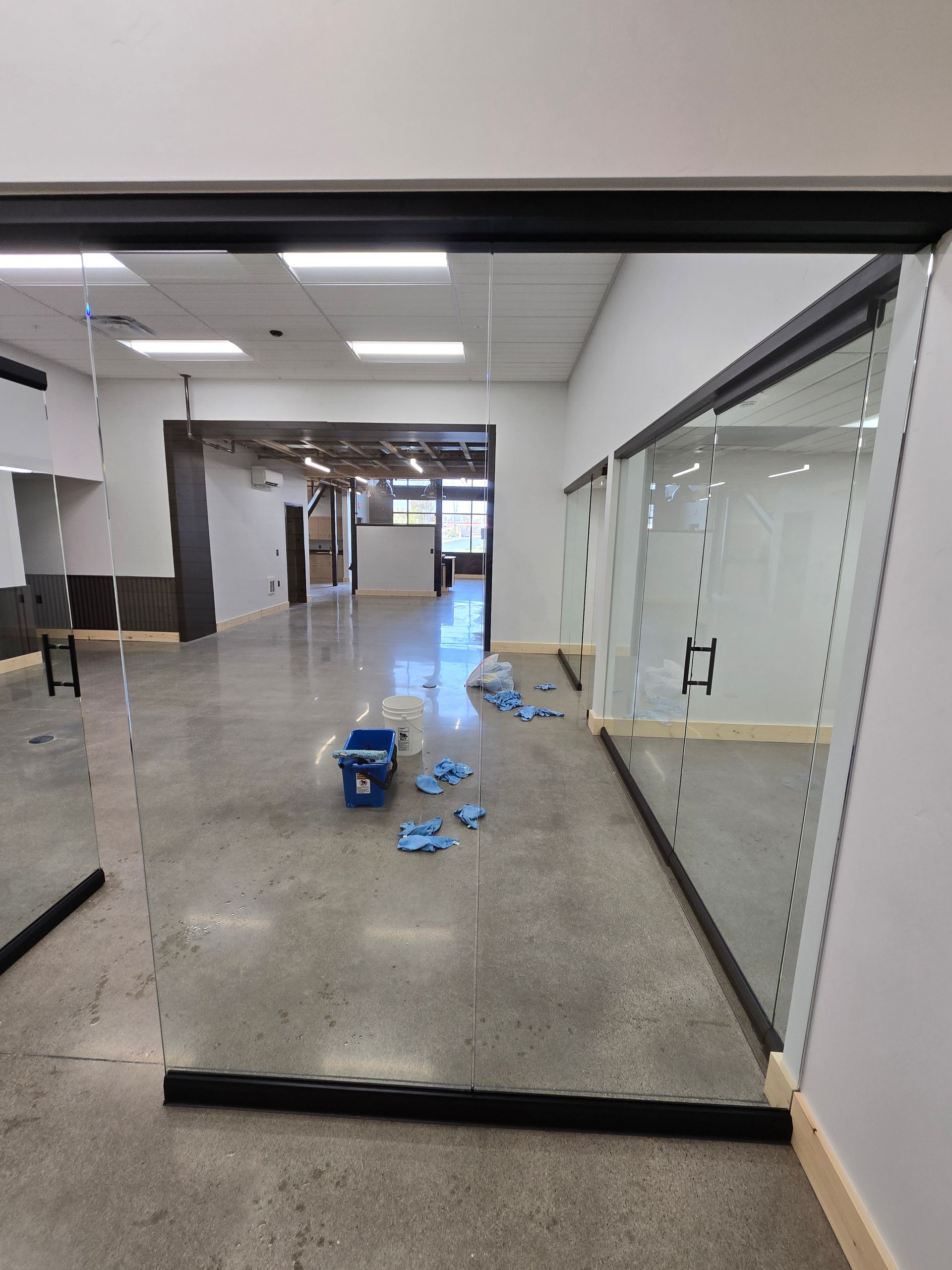 A view through a glass-walled office space featuring concrete floors, a blue cleaning bucket, and blue cloth wipes.