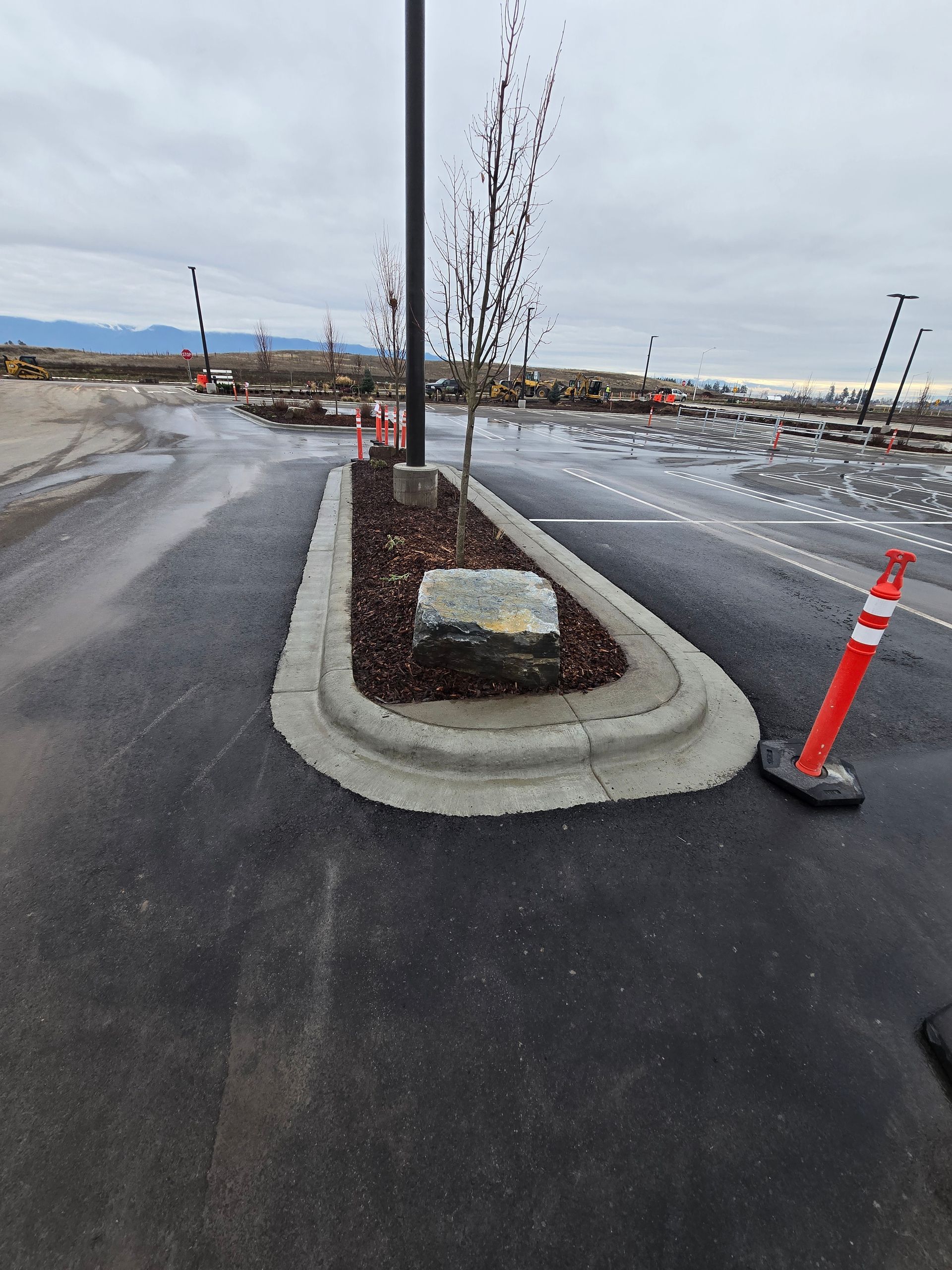 A paved parking lot with a central concrete-curbed island featuring a small tree, a large rock, mulch, and a red traffic cone.