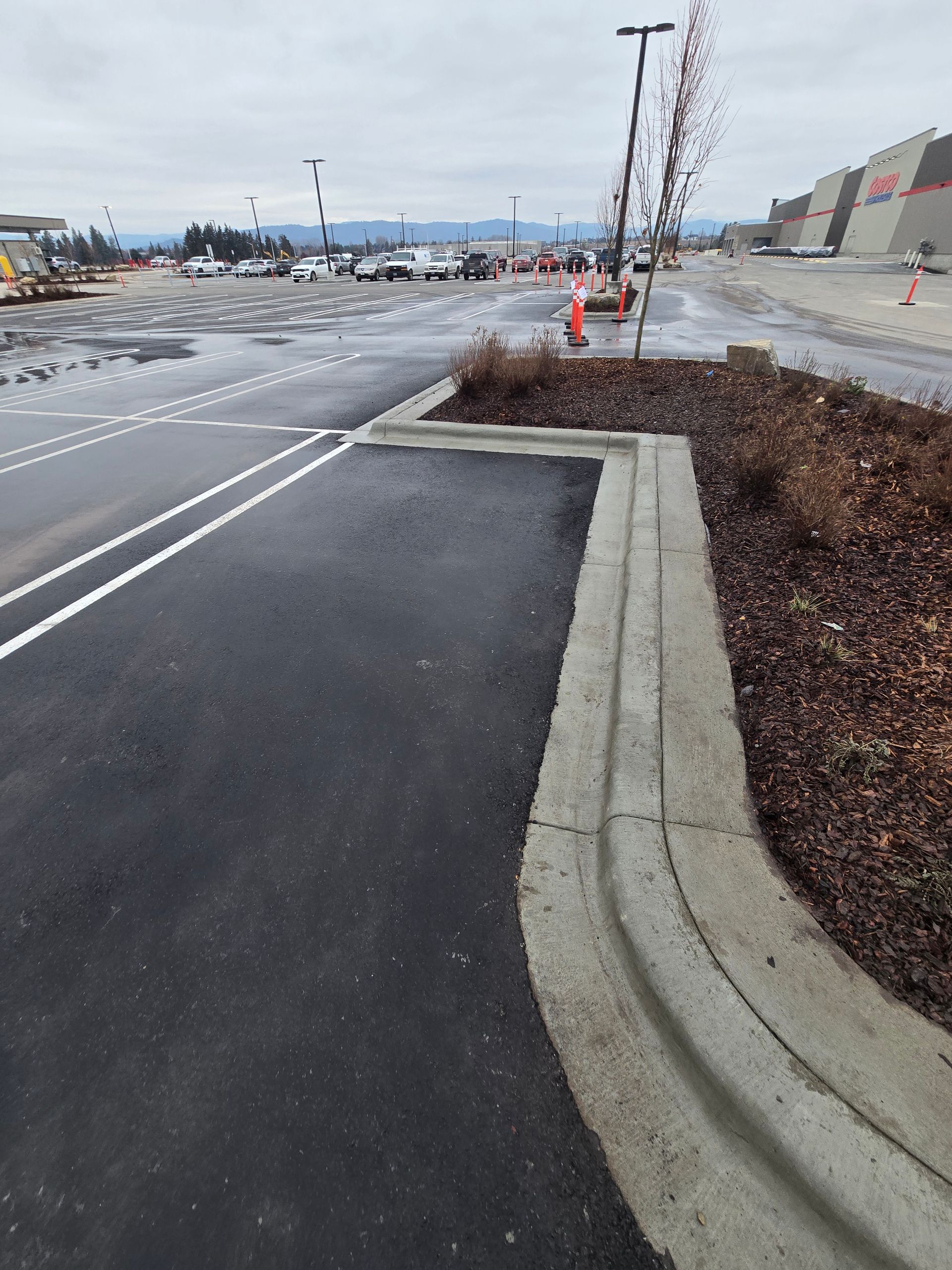 A parking lot landscape island with concrete curbing borders an asphalt surface under a cloudy sky.