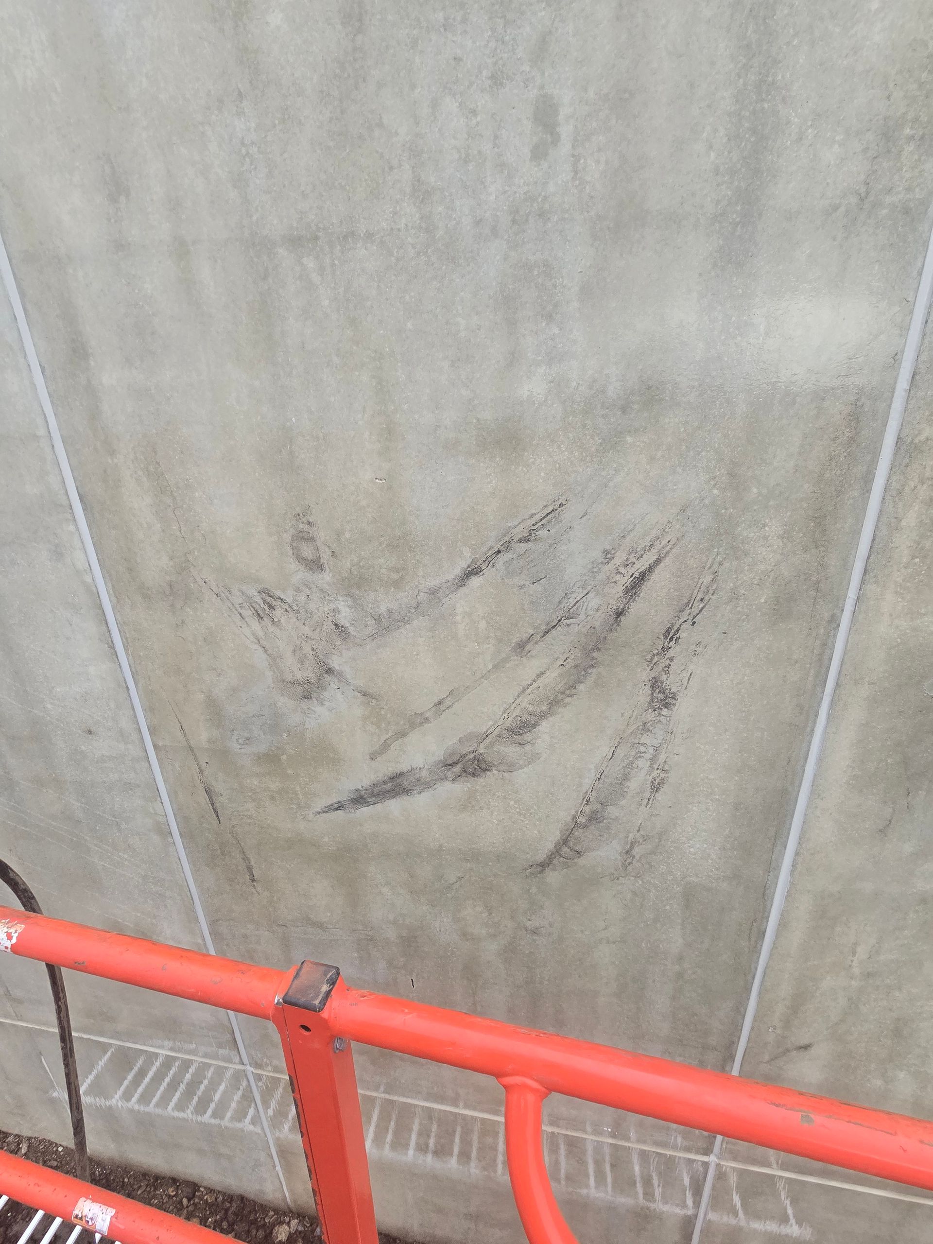 A gray concrete wall marked with dark, diagonal streaks, positioned behind an orange metal safety railing.