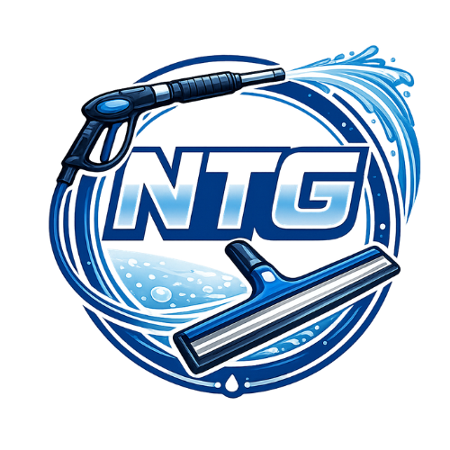 Logo featuring blue and white "NTG" text, a spray nozzle, and a squeegee with water splashes, set within a blue circle.