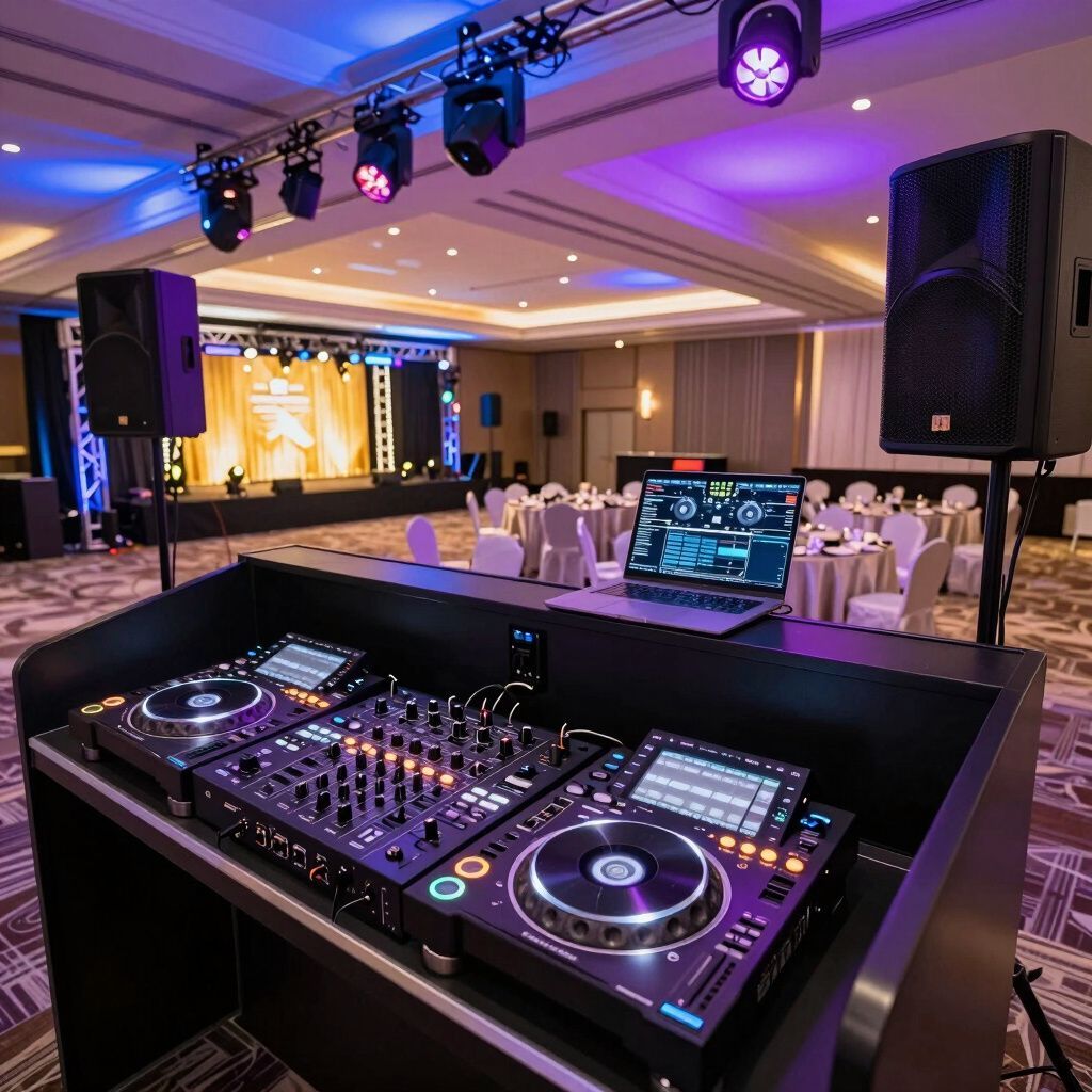 DJ setup with turntables and mixer, speakers, and stage with lighting in a ballroom.