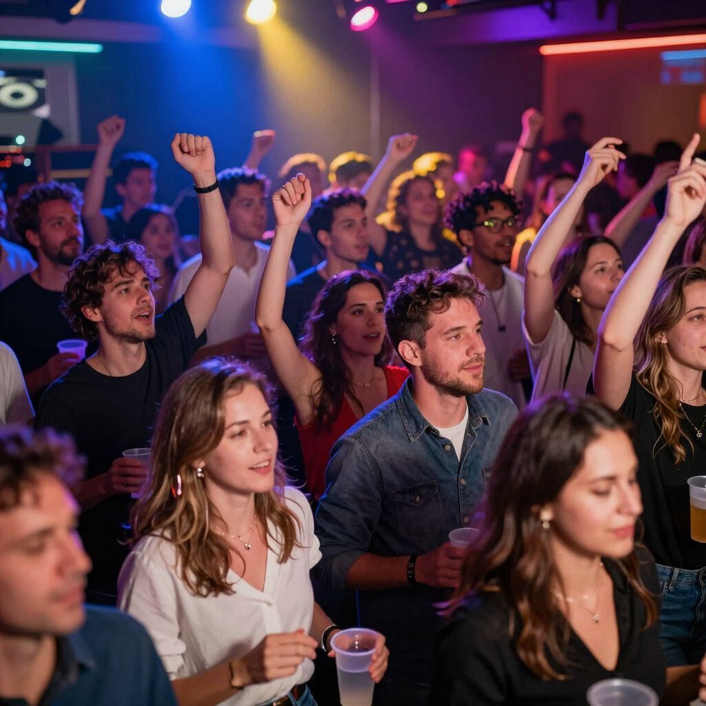 People cheering at a concert in a dimly lit venue, arms raised, holding drinks.