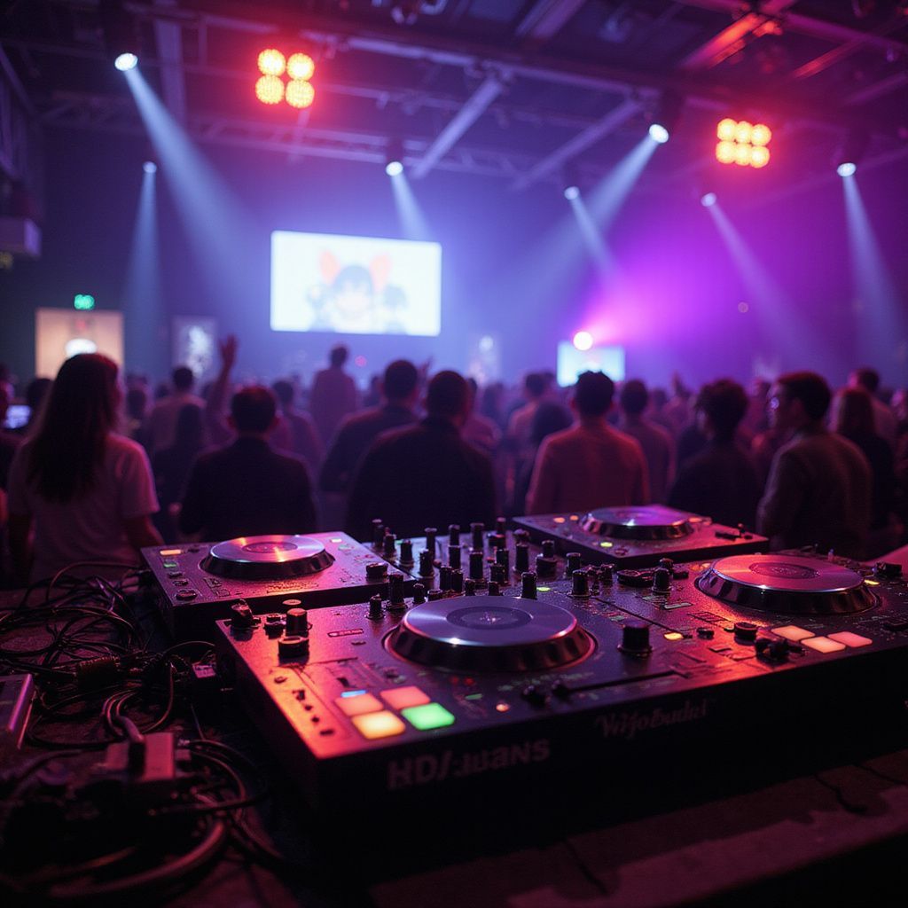DJ setup in a crowded club with colorful lights; audience in background.
