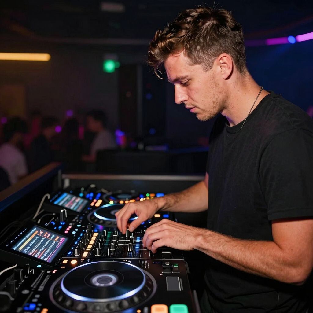 DJ at a club; mixing music on a soundboard. Dark, moody setting with neon lights.