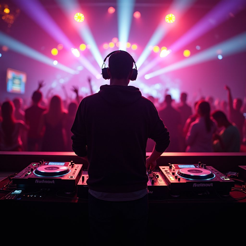 DJ at a nightclub playing music, with a crowd dancing under bright lights.